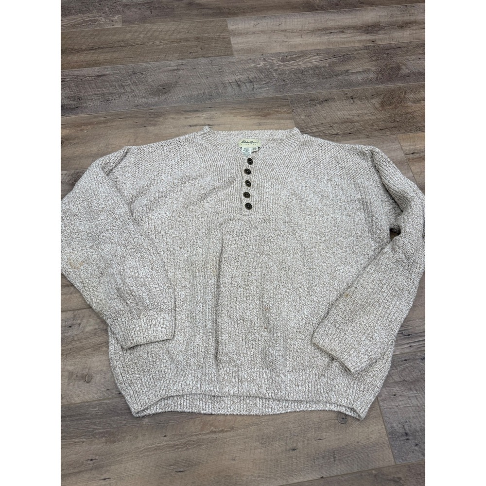 Eddie Bauer Mens Beige Marled Cotton Henley Sweater Made in USA Size Small